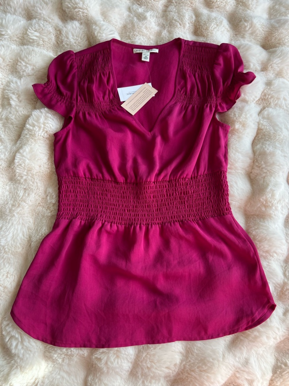Banana Republic Fuchsia Smocked-Waist V-Neck Blouse